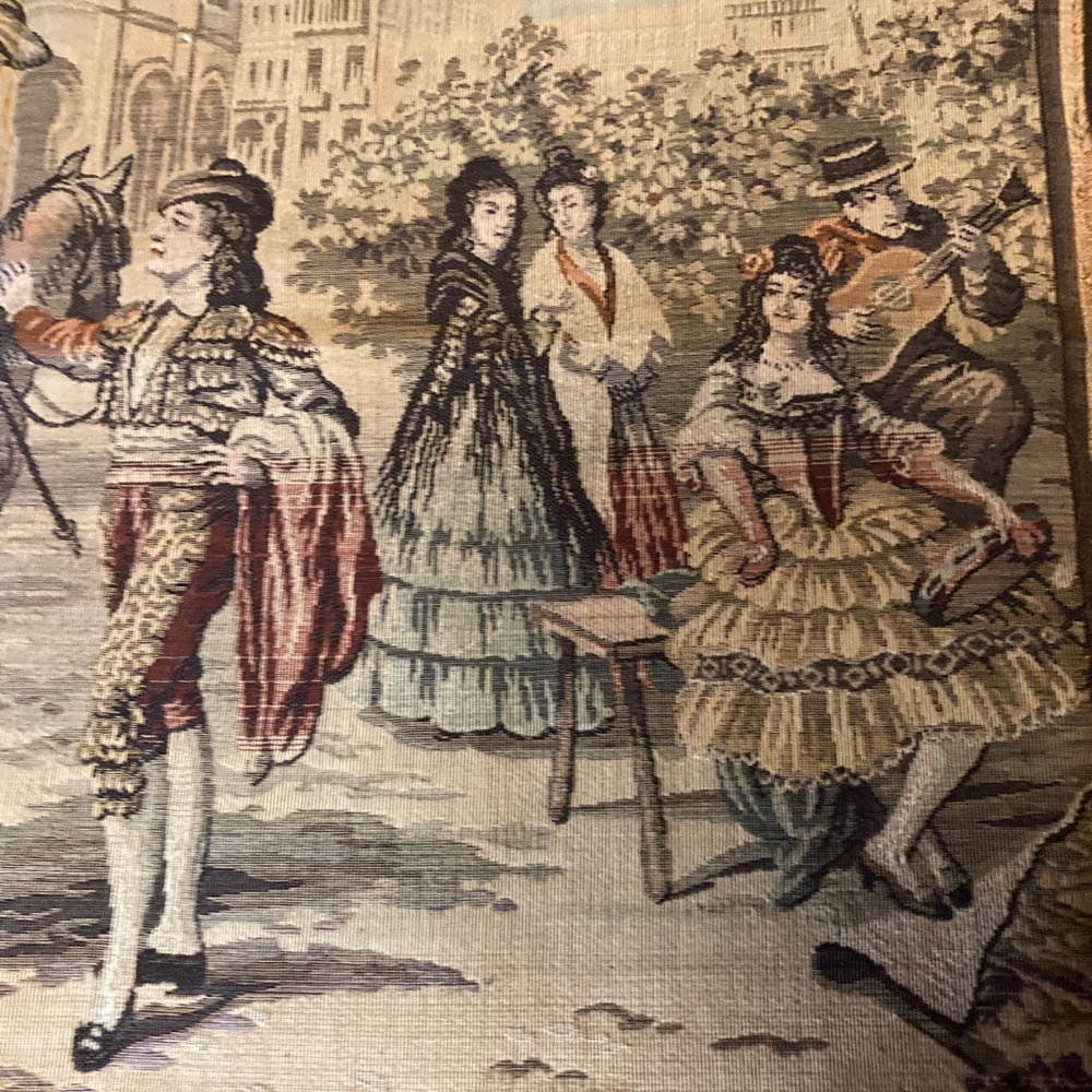 Vintage Belgian hand woven tapestry 18.5" x 36" Street scene Spanish Dancers
